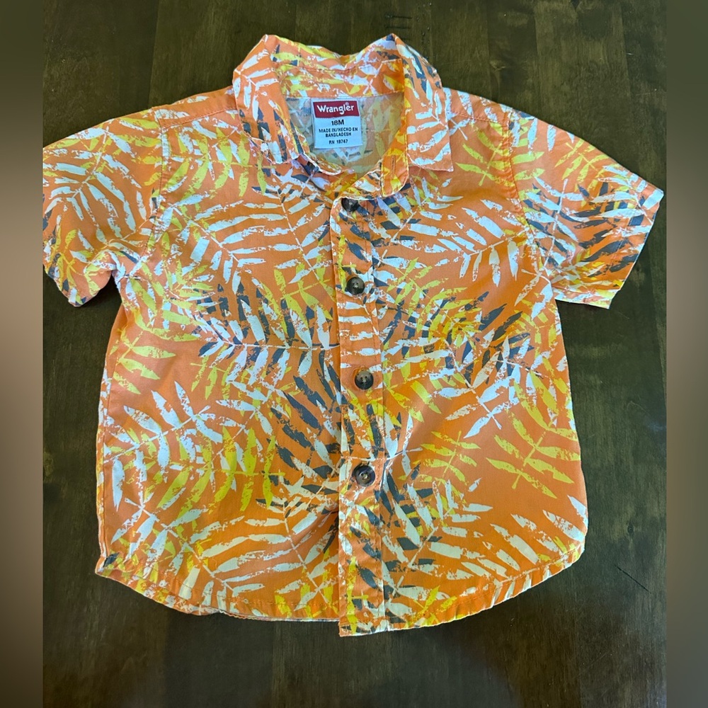 Wrangler Boys 18M Button Down Tee Tropical Hawaiian Jungle Orange Leaves Jungle